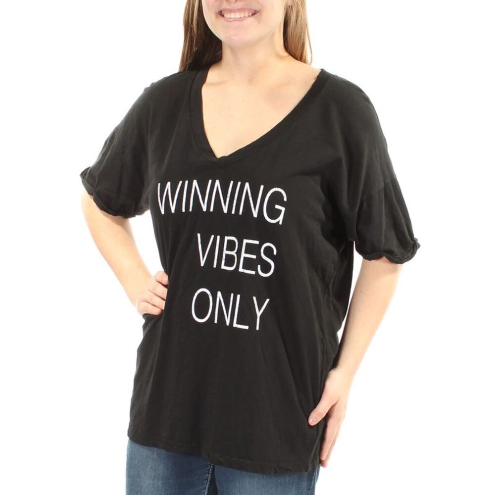 THE ORIGINAL RETRO BRAND Womens Black Printed Short Sleeve V Neck Top Size: M